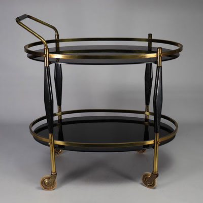 Desserte en noir et or à roulettes provenant de Belgique des années 1960