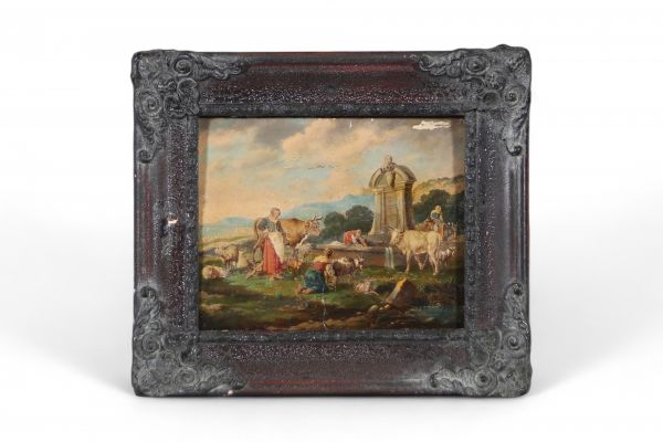 École européenne du XVIIe ou XVIIIe siècle Scène pastorale à la fontaine, huile sur panneau.Charmante scène champêtre animée de bergères, troupeaux de chèvres, vaches et moutons rassemblés autour d'un