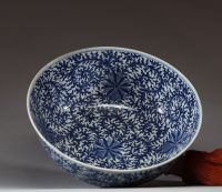 Chine - Imposant bassin en porcelaine blanc bleu à décor floral intérieur et extérieur, période Qing.