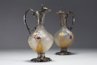 Victor SAGLIER (1840-1890) Pair of ewers in enamelled frosted glass and silver-plated metal, hallmark on the handles.