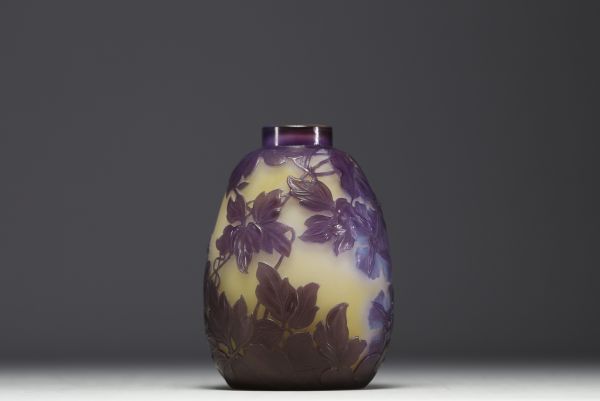 Émile GALLÉ (1846-1904) Acid-etched multi-layered glass blown vase with floral design, signed.