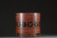 Birmanie - Grande boîte à bétel en bois de bambou tressé et laqué à décor des signes du zodiac et motifs floraux, XIX-XXème.