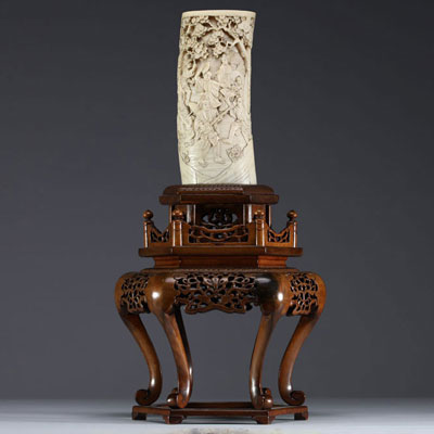 Japan - Carved ivory vase on a wooden base Meiji period circa 1900.