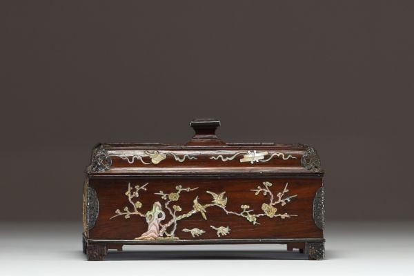 China - Exotic wood case with mother-of-pearl relief inlays, circa 1900.