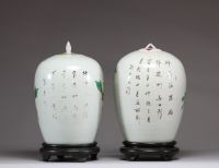 Chine - Paire de pots couverts en porcelaine polychrome Qianjiang cai à décor d'oiseaux et de pivoines, vers 1900.
