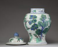 Chine – Importante potiche couverte en porcelaine polychrome, dite « famille verte », à décor de personnages et paysages. Marque au double cercle sous la base.