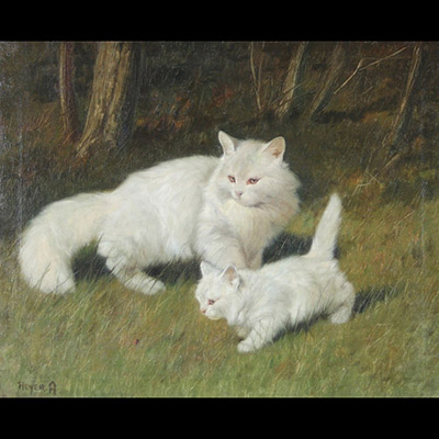 Arthur HEYER (1872-1931) – La chatte et son chaton, huile sur toile