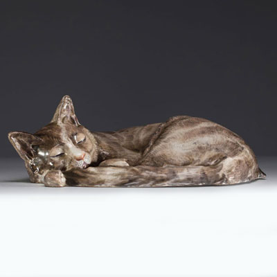 Jean TIÉLÈS, Paris - Cat having a siesta in glazed ceramic, 19th century.