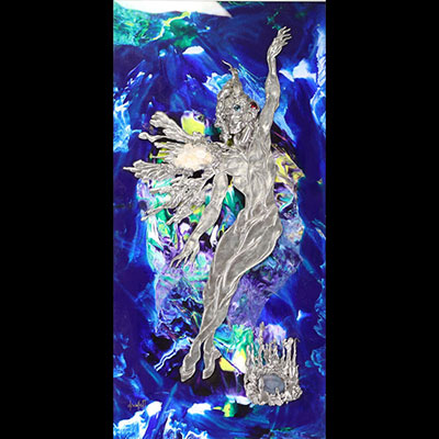 Chantal WOLKOFF (1949- ) Fixed under glass and bas relief in pewter with rock crystal and stone inclusions, signed.