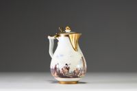 Meissen - Soft paste polychrome porcelain hot milk jug, painted port decoration, crossed swords mark, 18th century.
