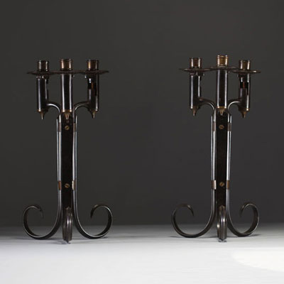 Paire de bougeoirs fabriqués à partir de baïonnettes militaires, XIXème.