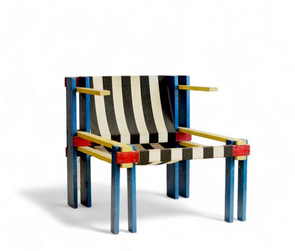 Belgian modernist work, Art Deco armchair in primary colours, in painted and screwed fir wood.