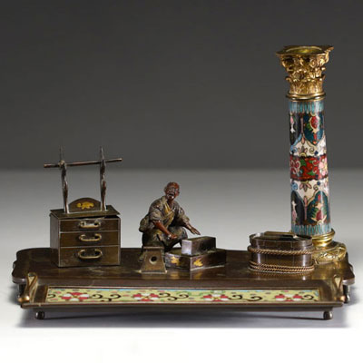 Japan - Cloisonné bronze desk set including inkwell, penholder and candlestick, Meiji period, 19th century.