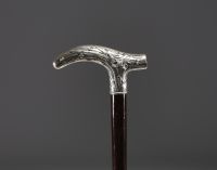 Canne Art Nouveau en argent massif à motif d'un serpent dans les  branches, poinçon 800.