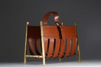 Jacques ADNET (1900-1984) Brass and orange leather magazine rack, circa 1940.