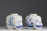 China - Pair of blue-white porcelain covered pots with landscape and figures decoration, mark under the piece.