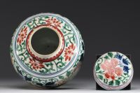 China - Polychrome porcelain covered vase decorated with flowers and Chilong, 17th century.