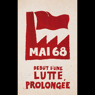 Mai 68 – Mai 68. Début d’une lutte prolongée  Affiche originale réalisée en sérigraphie couleur rouge. Cachet Atelier populaire ex-École des Beaux-Arts, toute sa marge non coupée, traces de plis, taches d’humidités, sujet intact. Non entoilée  76,5X47,8 cm