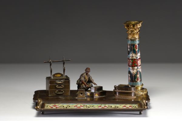 Japan - Cloisonné bronze desk set including inkwell, penholder and candlestick, Meiji period, 19th century.