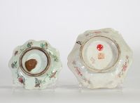 Lot de sept récipients en porcelaine de Chine famille rose à décor polychrome de fleurs, oiseaux et papillons, XIXe siècle.