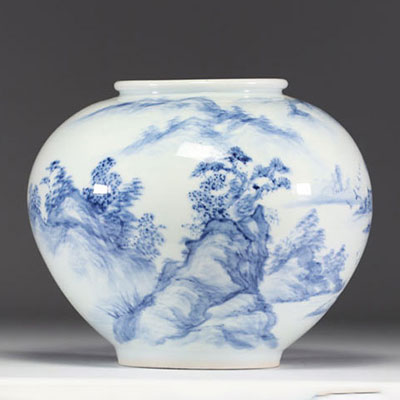 Japan - White-blue porcelain vase with landscape design, Meiji period.