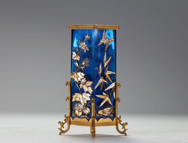 Maison Alphonse GIROUX - Blue glass and bronze japanese vase richly decorated with bronze and silver flowers and insects, signed.