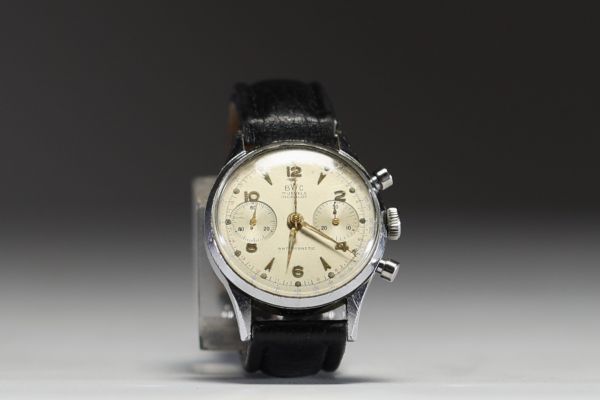 BWC - Gentleman's mechanical chronograph watch, steel case, Landeron 51 calibre, leather strap, circa 1950/60.