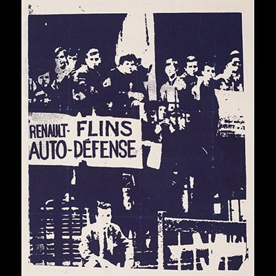 Mai 68 – Renault – Flins – Auto-défense  Affiche originale réalisée en sérigraphie couleur mauve. Cachet ministère d’État Affaires Culturelles, toute sa marge non coupée, T.B.E. Non entoilée  45,4X44,2 cm