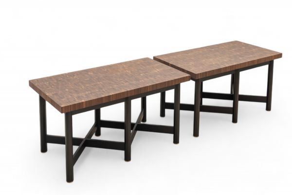 Jules WABBES (1919-1974) Pair of consoles, solid wenge standing wood top, black lacquered wood geometric base.