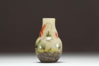 DAUM Nancy - Small vase in acid-etched multi-layered glass with enamelled decoration of columbine flowers, signed.