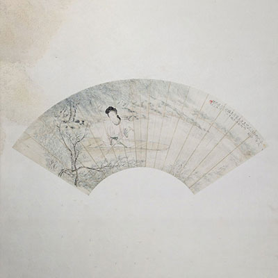 Chine - Éventail, dessin à l'encre sur papier et poème, époque XIXème.