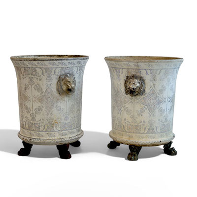 Pair of enamelled cast-iron orange tree pots with lambrequin decoration from the Cristallerie émaillerie Saint-Joseph-du-Bourget, Napoleon III period.
