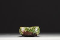 DAUM Nancy - Acid-etched multi-layer glass bowl decorated with enameled red berries, signed.