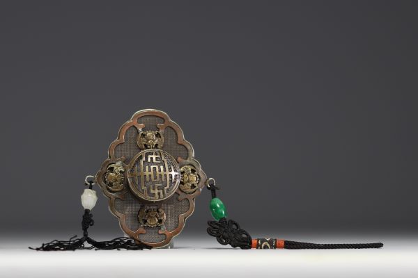 China - Metal pendant decorated with bats and jade beads.