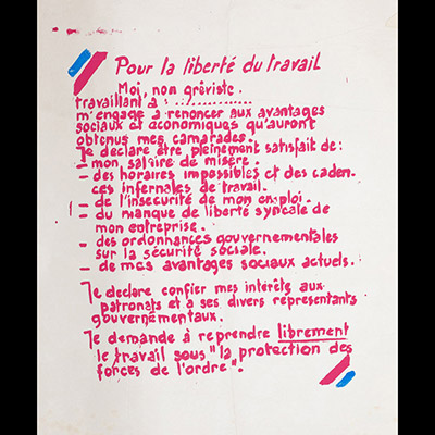 Mai 68 – Pour la liberté du travail. Moi, non gréviste …  Affiche originale réalisée en sérigraphie couleur rose et bleu. Toute sa marge non coupée, petites déchirures et manques dans la marge. Sujet intact, traces de plis. Non entoilée  56X44,8 cm
