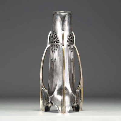 Art Nouveau silver-plated metal vase, OBE hallmark, one chip on the neck of the glassware.