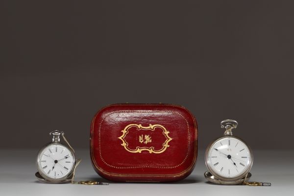 Léo JUVET (XIX-XX) Rare pair of silver centre seconds gusset watches for the Chinese market, original case.