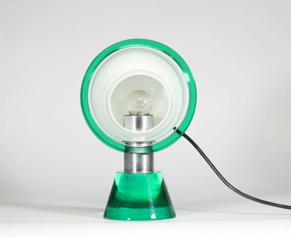  Lampe de table en verre soufflé vert émeraude et blanc opalin - Italie, vers 1970