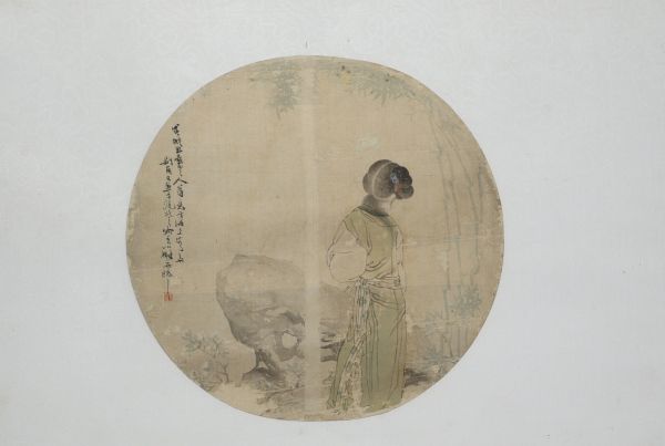 China - Elegant fan painting on silk, poem and stamp, 19th century.