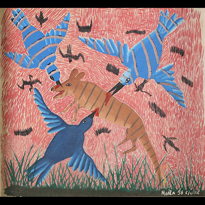 MWILA Huile sur panneau représentant une scène animalière, RD Congo / Elisabethville ( Lubumbashi). Artiste issu de l’atelier du Hangar de Pierre Romain Desfossés . Œuvre achetée directement à l’artiste par un professeur belge en poste à l’académie des beaux arts de Lubumbashi. Dimensions : hors cadre