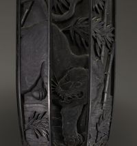 Japan - Imposing carved slate vase with rich decoration of a tiger in a bamboo forest. Meiji period