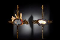 Marc D' HAENENS (20th century) Rare monumental pair of modernist sconces in bronze, steel and cerulean blue crystal geodes, circa 1970.