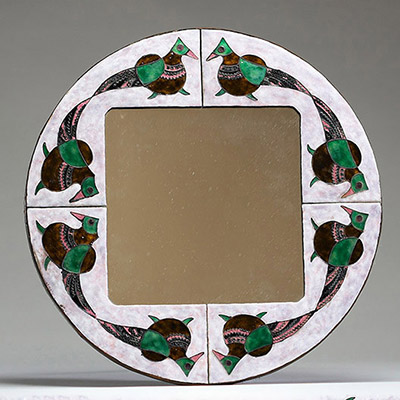 Miroir vintage en émail sur cuivre, Finlande, Scandinavie, vers 1960.