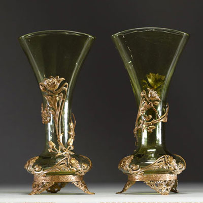 A pair of glass vases with ormolu mounts and floral decoration in the early Art Nouveau style.
