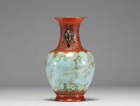 China - Red and gold porcelain vase, imitation turquoise stone, handles in the form of elephant heads, mark under the piece, 19th century