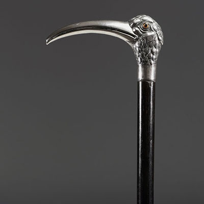 Art Nouveau silver cane with Ibis head motif, glass eyes, hallmark 800.