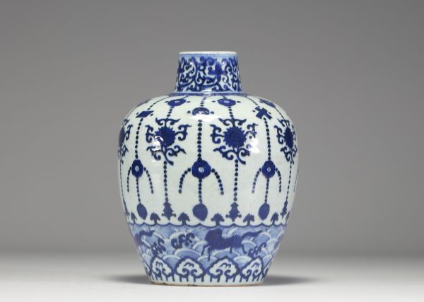 China - White-blue porcelain vase with floral and horse decoration, blue mark underneath, Ming period