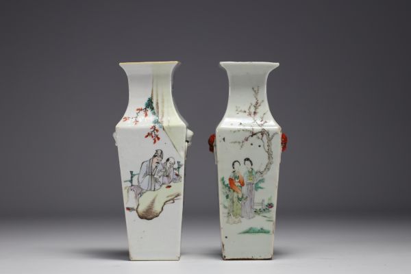 China - Set of two famille rose porcelain vases decorated with magi, ladies, landscapes and poems, red marks under the pieces.