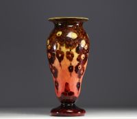 Le Verre Français - Acid-etched multi-layered glass vase with oak decor, signed.