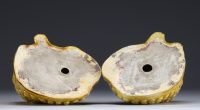 Asian- Pair of yellow porcelain figurative incense burners depicting dogs.